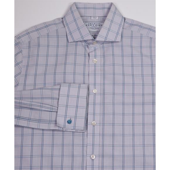 Charles Tyrwhitt Gray Blue Check Non-Iron Tailored Fit Dress Shirt (39) 15.5-33 - Picture 1 of 7